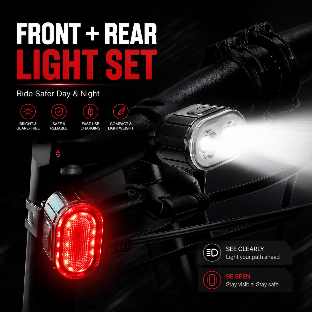 🔦USB Rechargeable Bike Light Set 🚲 Light Up the Road, Ride Home Safe – No Batteries, No Fuss ✨