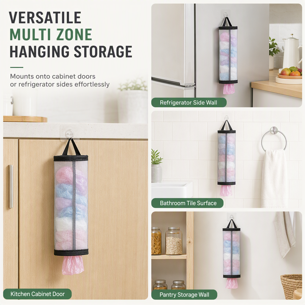 Organize Grocery Bags Instantly! Wall-Mounted Mesh Bag Holder