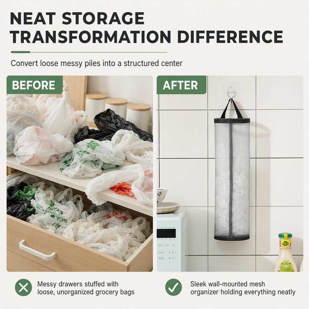 Organize Grocery Bags Instantly! Wall-Mounted Mesh Bag Holder
